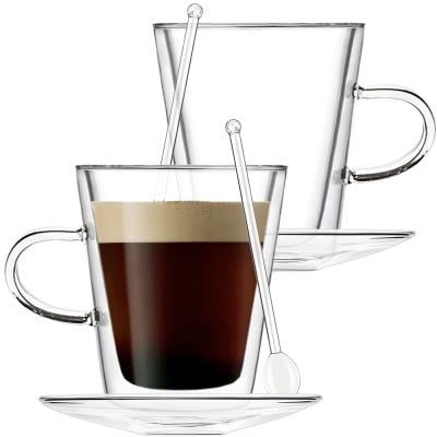 Set 2 cani si 2 farfurioare si 2 lingurite, Quasar & Co.®, model drept, cu pereti dubli, termorezistente, farfurioara 10.5 cm, sticla borosilicata, 250 ml, transparent 9