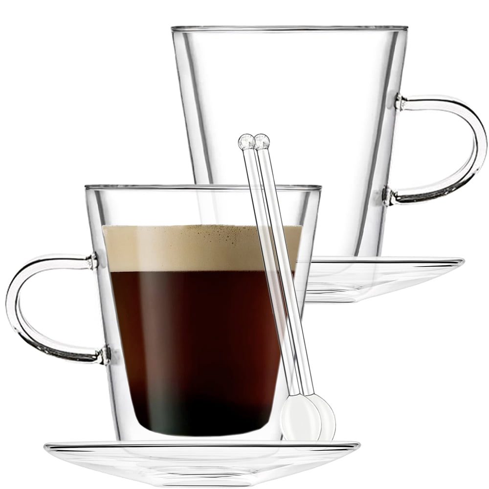 Set 2 cani si 2 farfurioare si 2 lingurite, Quasar & Co.®, model drept, cu pereti dubli, termorezistente, farfurioara 10.5 cm, sticla borosilicata, 250 ml, transparent 3