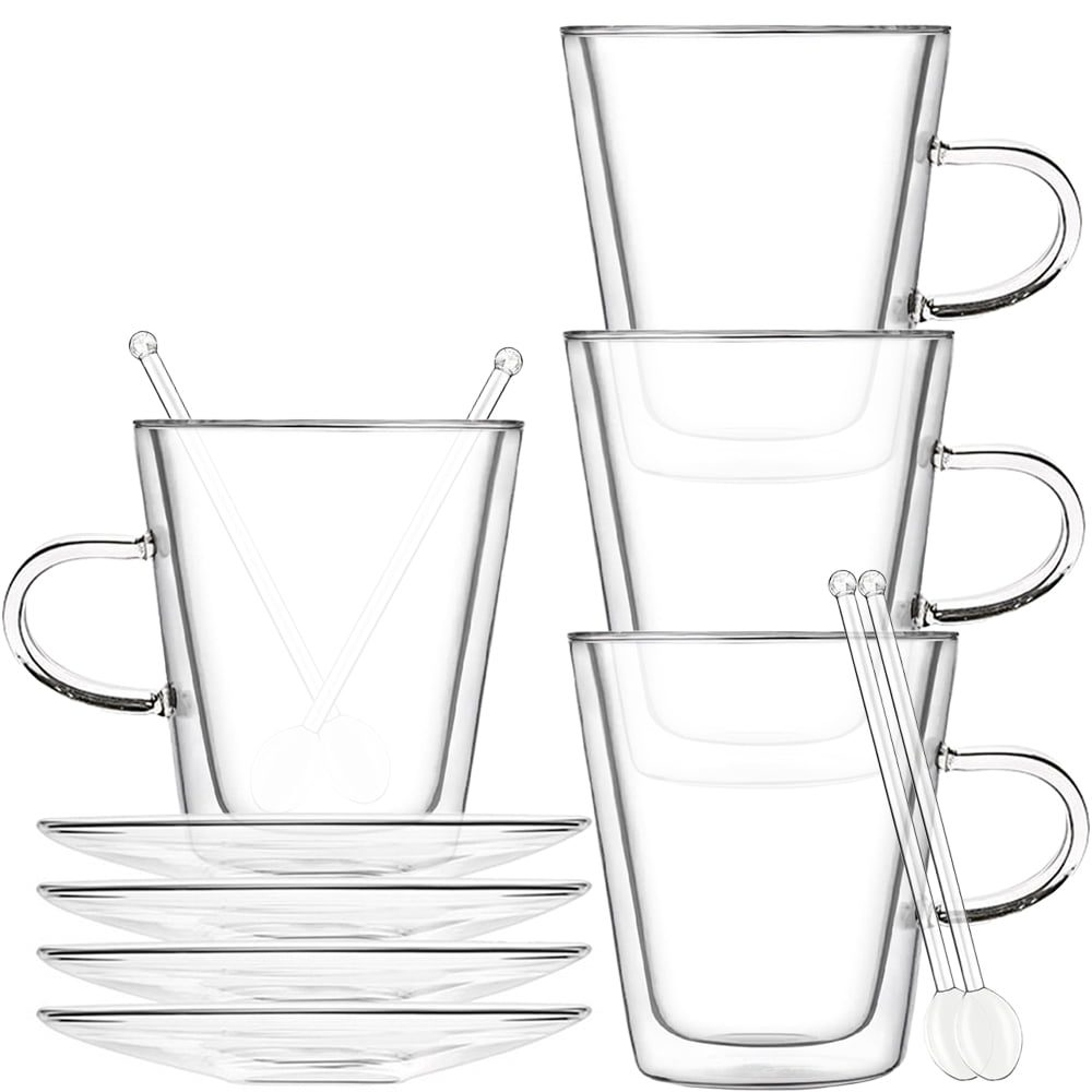 Set 4 cani si 4 farfurioare si 4 lingurite, Quasar & Co.®, model drept, cu pereti dubli, termorezistente, farfurioara 10.5 cm, sticla borosilicata, 250 ml, transparent 2