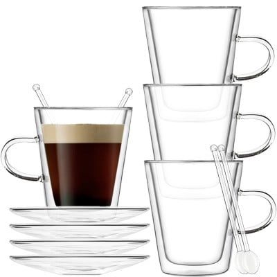 Set 4 cani si 4 farfurioare si 4 lingurite, Quasar & Co.®, model drept, cu pereti dubli, termorezistente, farfurioara 10.5 cm, sticla borosilicata, 250 ml, transparent 9