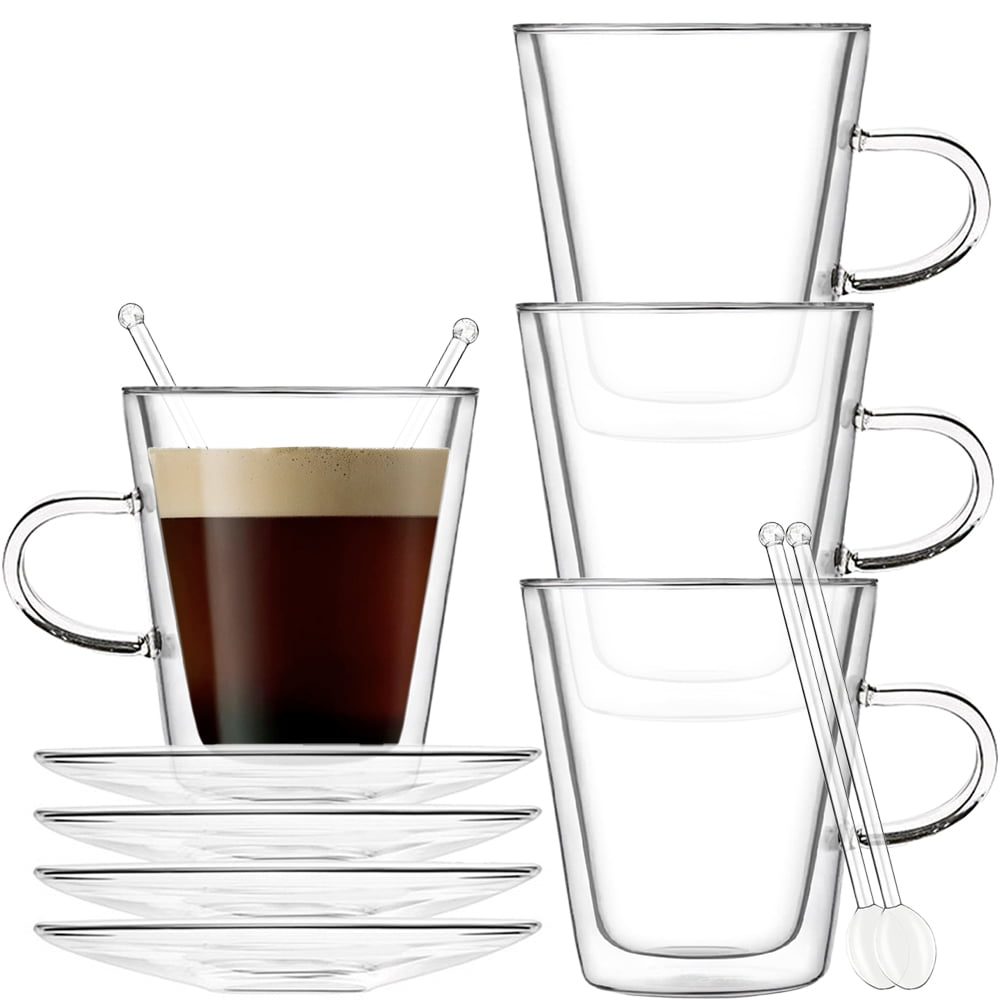 Set 4 cani si 4 farfurioare si 4 lingurite, Quasar & Co.®, model drept, cu pereti dubli, termorezistente, farfurioara 10.5 cm, sticla borosilicata, 250 ml, transparent