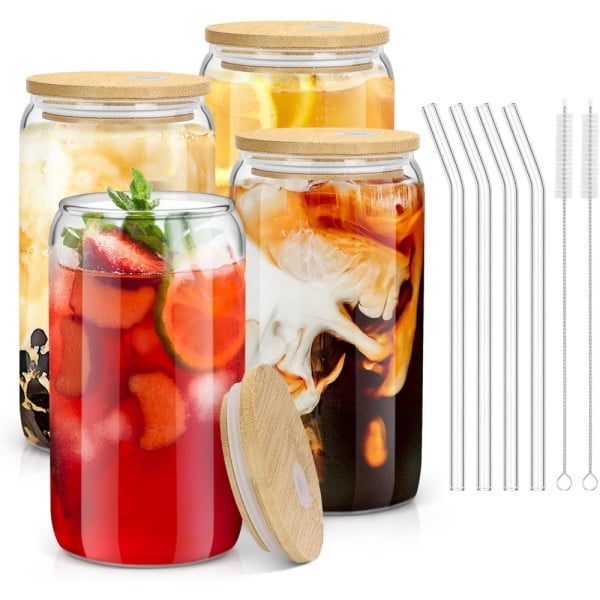 Set 4 pahare cu paie si perii curatare, Quasar & Co.®, 4x470ml, sticla termorezistenta/bambus, transparent - imagine 3