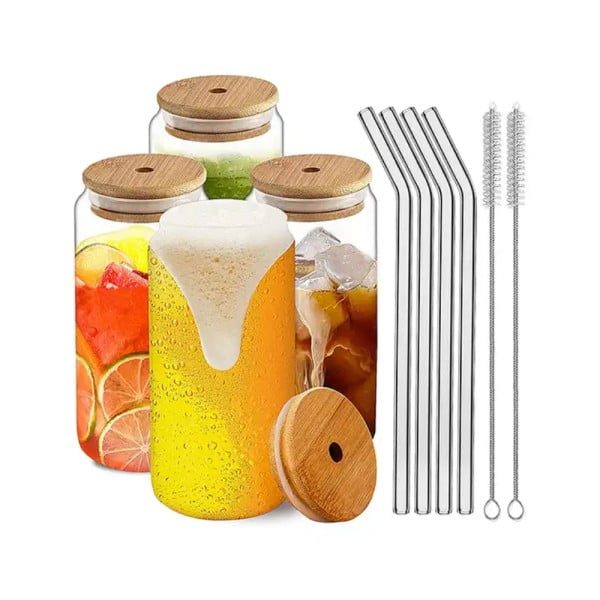 Set 4 pahare cu paie si perii curatare, Quasar & Co.®, 4x470ml, sticla termorezistenta/bambus, transparent - imagine 4