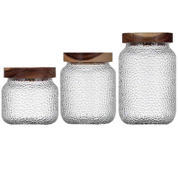 Set 3 recipiente depozitare alimente, Quasar & Co.®, suprapozabile, 350ml/600ml/775ml, sticla termorezistenta/lemn acacia - imagine 3