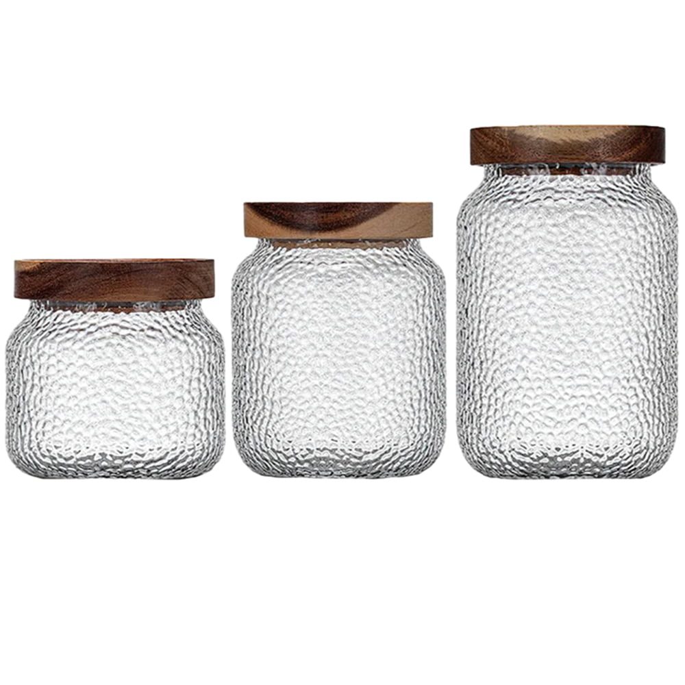 Set 3 recipiente depozitare alimente, Quasar & Co.®, suprapozabile, 350ml/600ml/775ml, sticla termorezistenta/lemn acacia 3