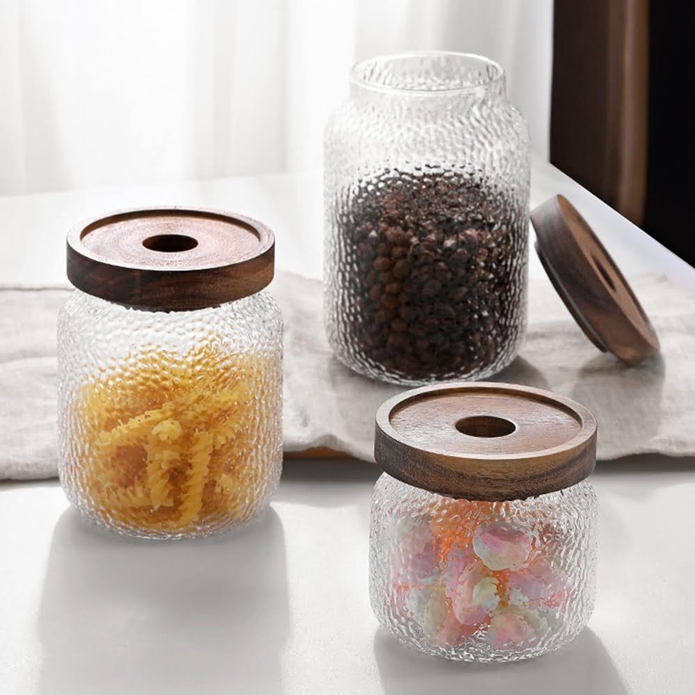Set 3 recipiente depozitare alimente, Quasar & Co.®, suprapozabile, 350ml/600ml/775ml, sticla termorezistenta/lemn acacia 12