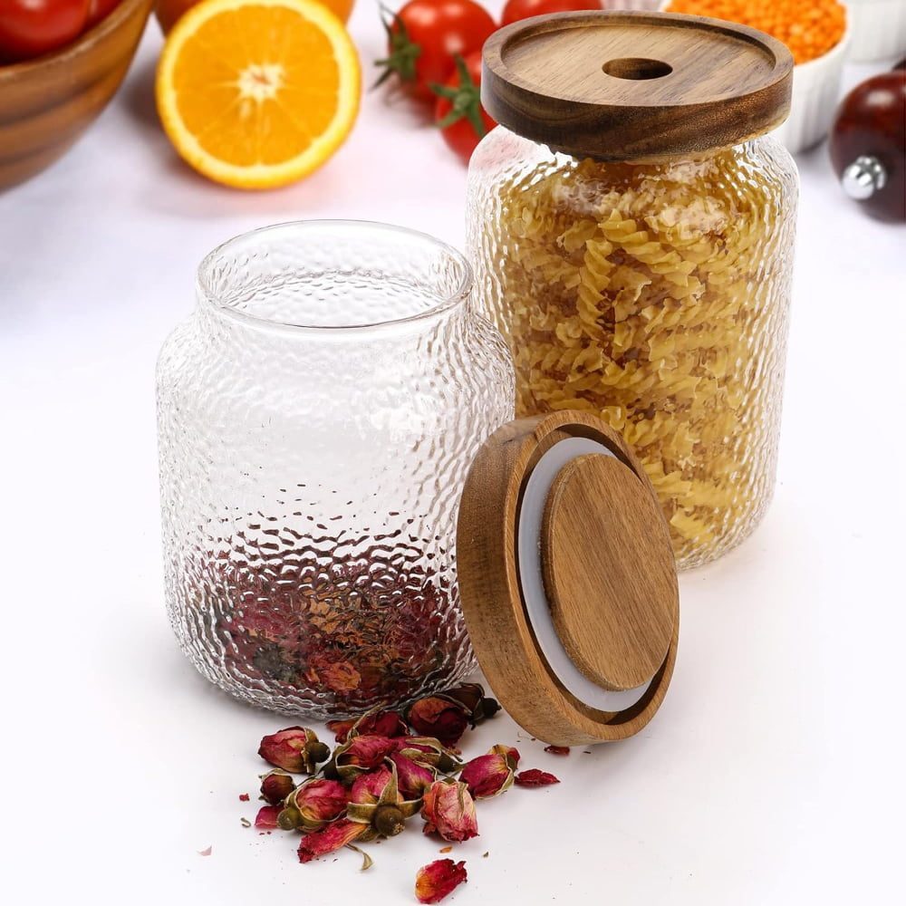 Set 3 recipiente depozitare alimente, Quasar & Co.®, suprapozabile, 350ml/600ml/775ml, sticla termorezistenta/lemn acacia 13