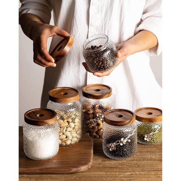 Set 3 recipiente depozitare alimente, Quasar & Co.®, suprapozabile, 350ml/600ml/775ml, sticla termorezistenta/lemn acacia - imagine 18