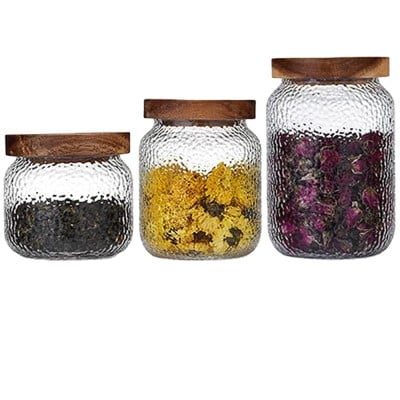 Set 3 recipiente depozitare alimente, Quasar & Co.®, suprapozabile, 350ml/600ml/775ml, sticla termorezistenta/lemn acacia 19