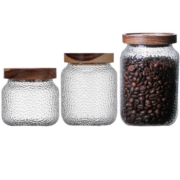 Set 3 recipiente depozitare alimente, Quasar & Co.®, suprapozabile, 350ml/600ml/775ml, sticla termorezistenta/lemn acacia - imagine 4