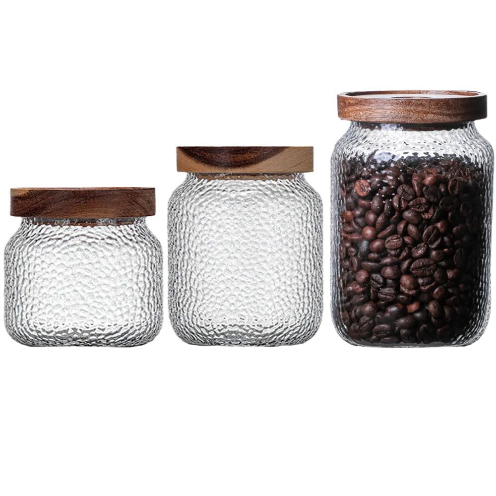 Set 3 recipiente depozitare alimente, Quasar & Co.®, suprapozabile, 350ml/600ml/775ml, sticla termorezistenta/lemn acacia 4