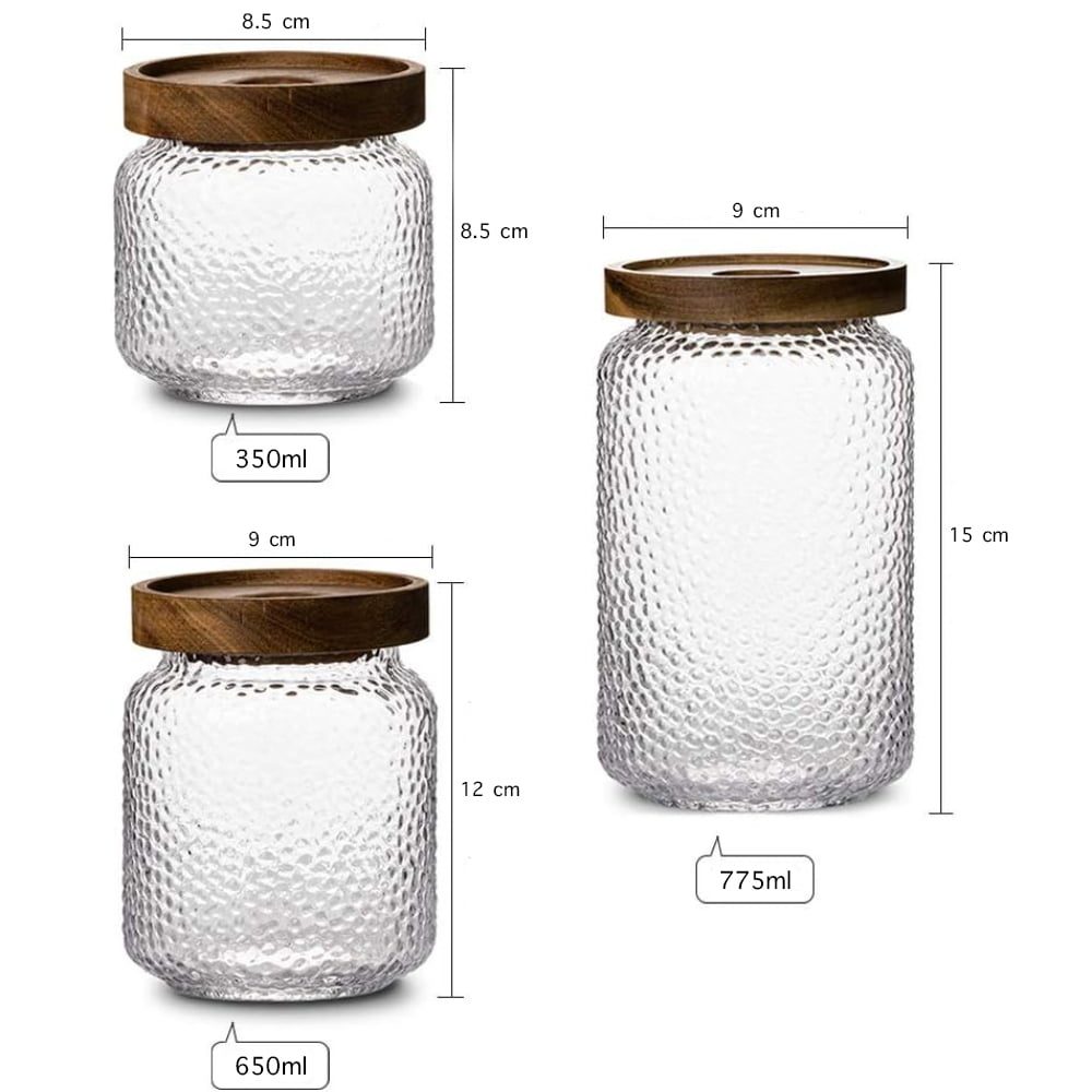 Set 3 recipiente depozitare alimente, Quasar & Co.®, suprapozabile, 350ml/600ml/775ml, sticla termorezistenta/lemn acacia 6