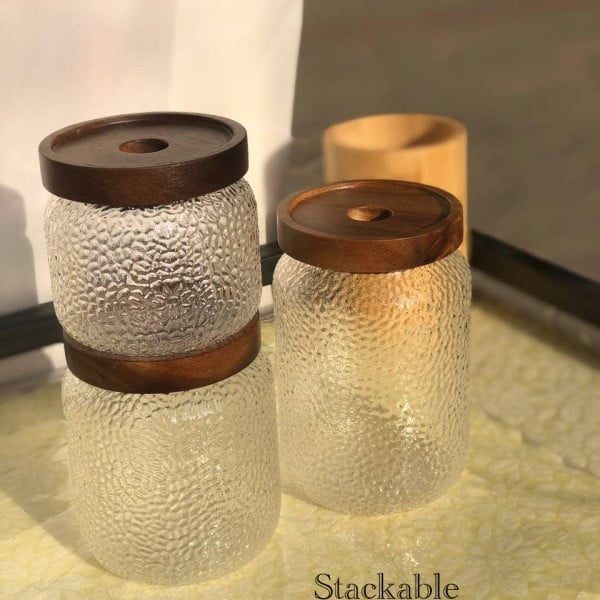 Set 3 recipiente depozitare alimente, Quasar & Co.®, suprapozabile, 350ml/600ml/775ml, sticla termorezistenta/lemn acacia - imagine 8