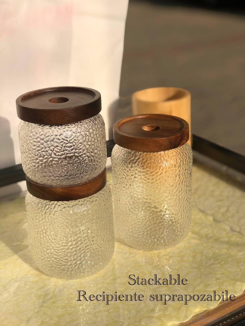 Set 3 recipiente depozitare alimente, Quasar & Co.®, suprapozabile, 350ml/600ml/775ml, sticla termorezistenta/lemn acacia 8