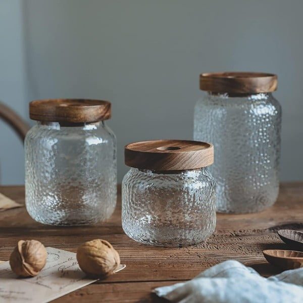 Set 3 recipiente depozitare alimente, Quasar & Co.®, suprapozabile, 350ml/600ml/775ml, sticla termorezistenta/lemn acacia - imagine 9