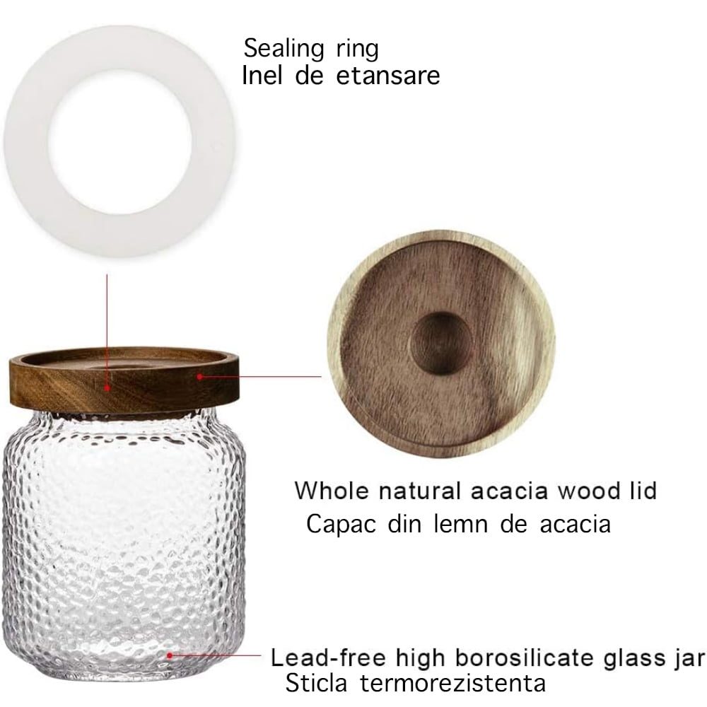 Set 3 recipiente depozitare alimente, Quasar & Co.®, suprapozabile, 350ml/600ml/775ml, sticla termorezistenta/lemn acacia 5