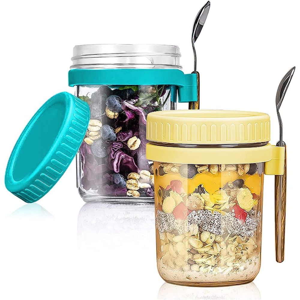 Set 2 pahare cu lingurite, Quasar & Co.®, gradate, to go, pentru mic dejun/gustare/snack, sticla/PP/inox/lemn, galben/turcoaz 10