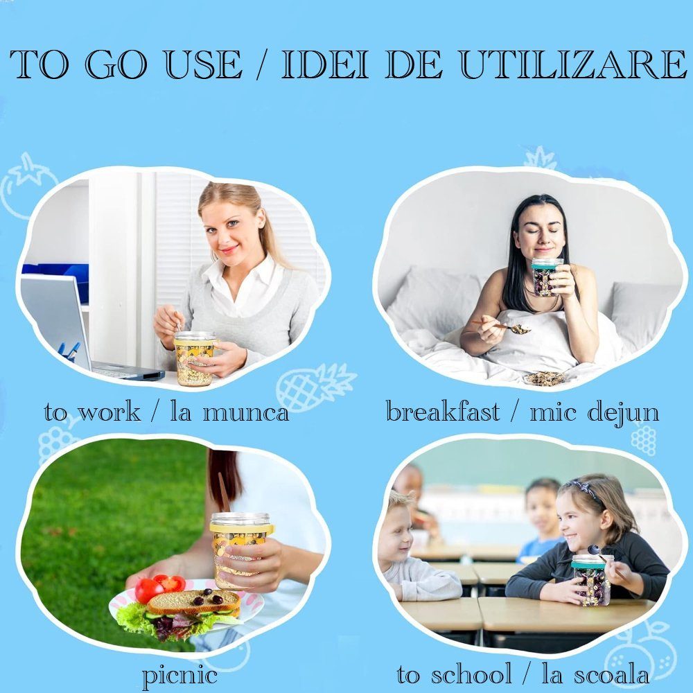 Set 2 pahare cu lingurite, Quasar & Co.®, gradate, to go, pentru mic dejun/gustare/snack, sticla/PP/inox/lemn, galben/turcoaz 12