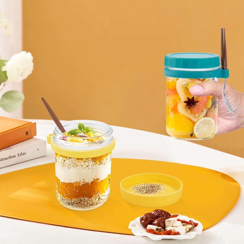 Set 2 pahare cu lingurite, Quasar & Co.®, gradate, to go, pentru mic dejun/gustare/snack, sticla/PP/inox/lemn, galben/turcoaz 13