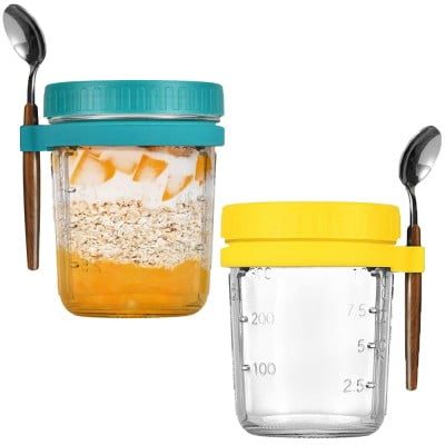 Set 2 pahare cu lingurite, Quasar & Co.®, gradate, to go, pentru mic dejun/gustare/snack, sticla/PP/inox/lemn, galben/turcoaz 14