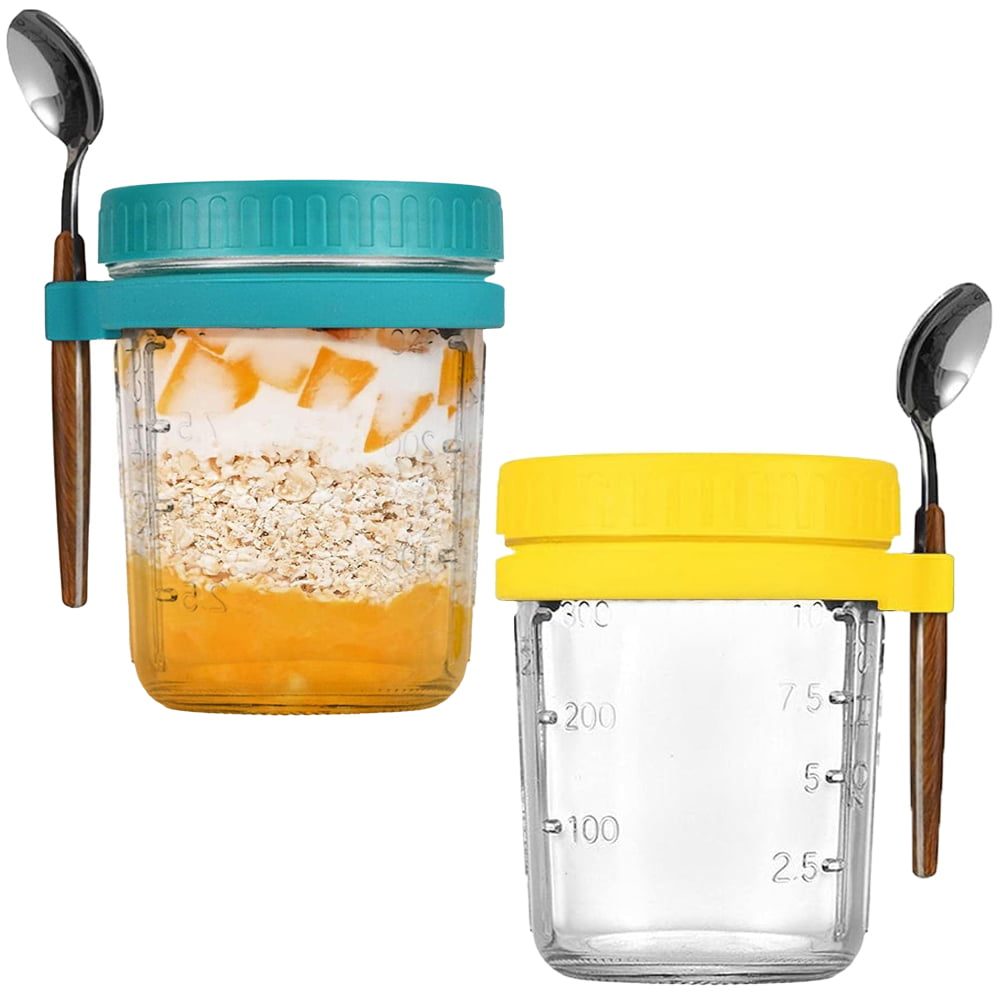 Set 2 pahare cu lingurite, Quasar & Co.®, gradate, to go, pentru mic dejun/gustare/snack, sticla/PP/inox/lemn, galben/turcoaz