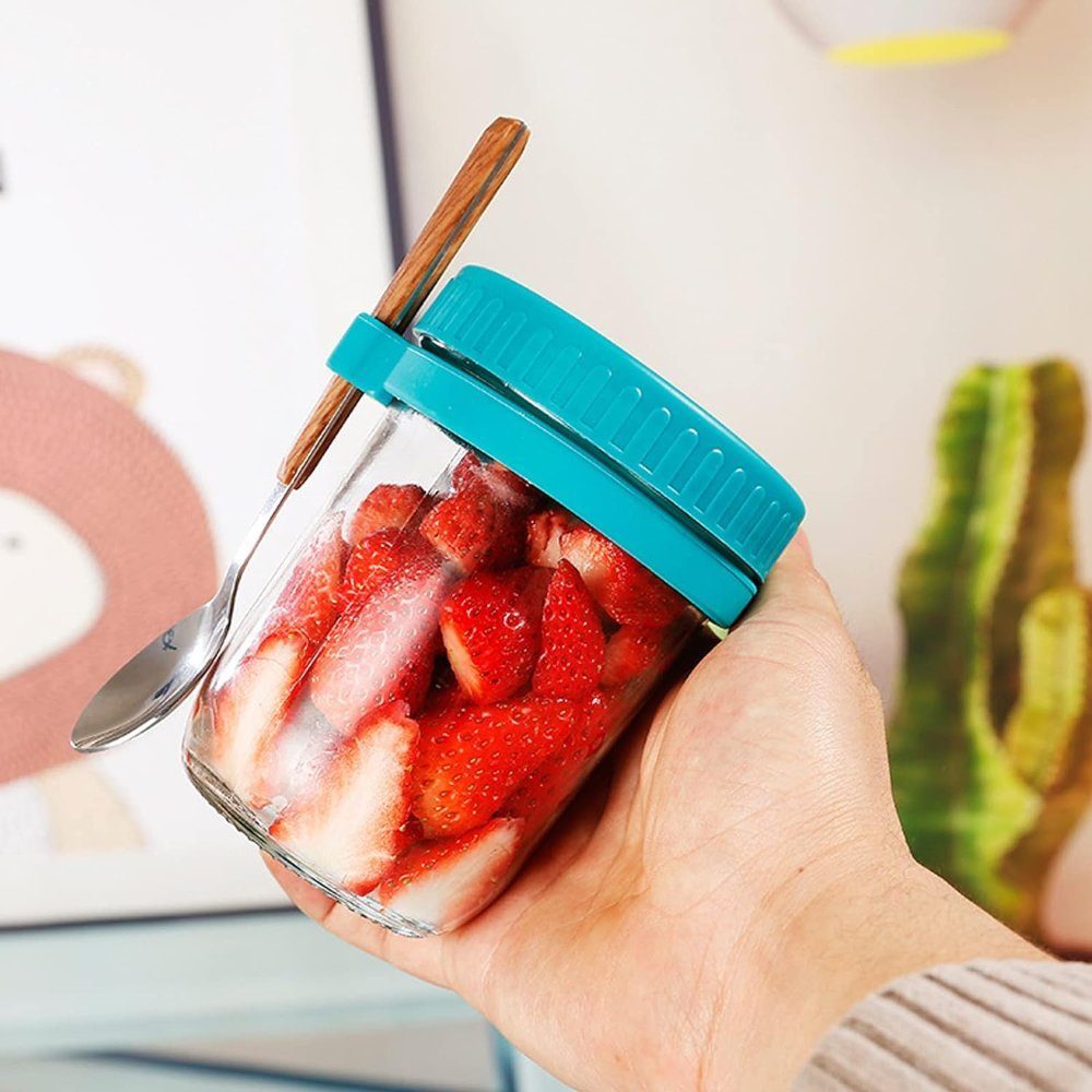 Set 2 pahare cu lingurite, Quasar & Co.®, gradate, to go, pentru mic dejun/gustare/snack, sticla/PP/inox/lemn, galben/turcoaz 8