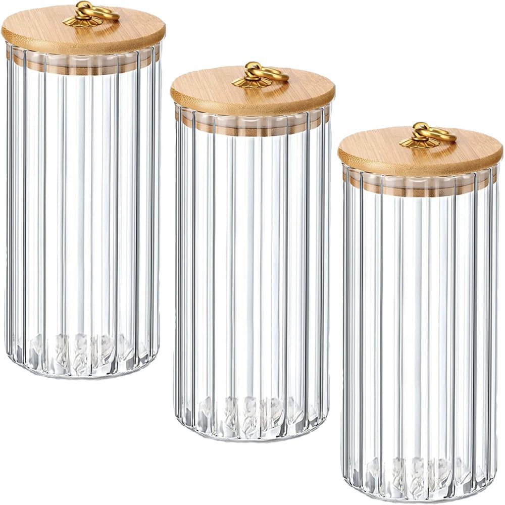 Set 3 recipiente cu capac bambus, Quasar & Co.®, model cilindric, agatatoare finisaj auriu/vintage, cu capac etans, sticla/bambus, 700 ml, transparent 2