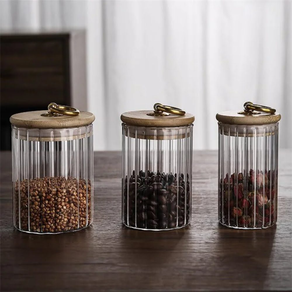 Set 3 recipiente cu capac bambus, Quasar & Co.®, model cilindric, agatatoare finisaj auriu/vintage, cu capac etans, sticla/bambus, 700 ml, transparent 5