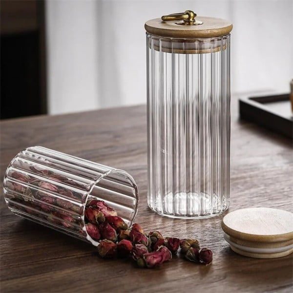 Set 3 recipiente cu capac bambus, Quasar & Co.®, model cilindric, agatatoare finisaj auriu/vintage, cu capac etans, sticla/bambus, 700 ml, transparent - imagine 4