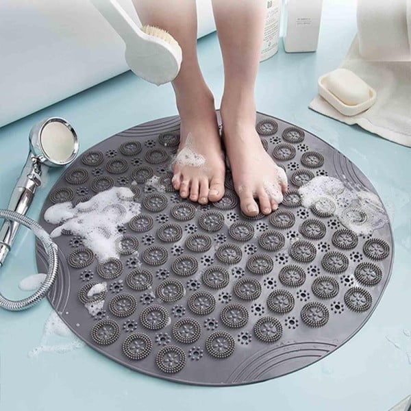 Covor de dus,  Quasar & Co.®, rotund, antiderapant, cu ventuze fixare, d 55 cm, PVC, gri - imagine 7