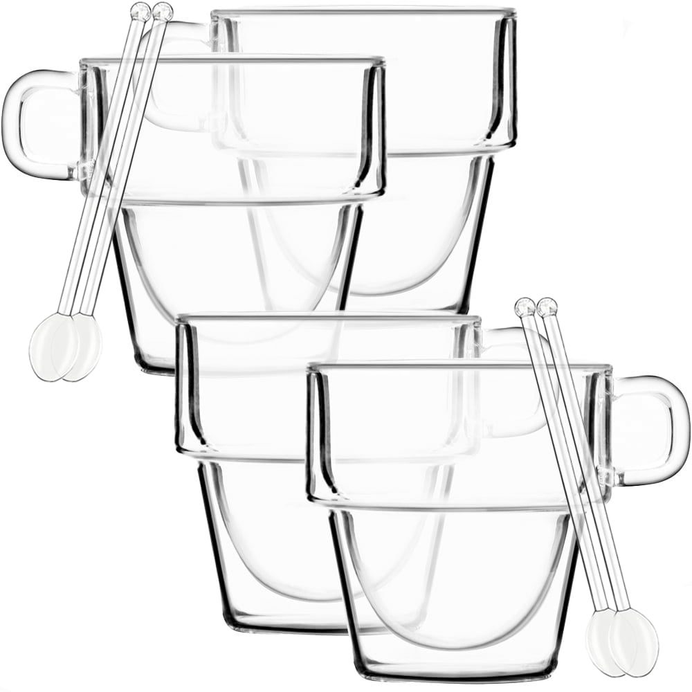 Set 4 cesti cu pereti dubli si 4 lingurite, Quasar & Co.®, suprapozabile, sticla termorezistenta, 125 ml, transparent 2