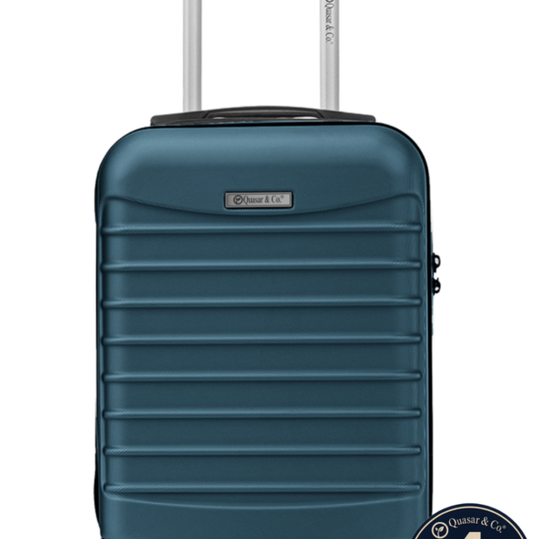 Troler cabina avion Quasar & Co.®, 40x30x20cm, bagaj de mana, troller cu fermoar sigur, cifru, maner telescopic lung, geamantan cu 4 roti duble, detasabile, 360°, valiza ABS 2.8 mm, rezistent, 2 compartimente cu buzunar, 10kg, LINE, albastru petrol