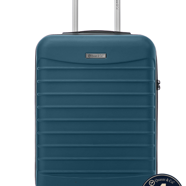 Troler cabina avion Quasar & Co.®, 55x38x21cm, bagaj de mana, troller cu fermoar antifurt, cifru, maner telescopic lung, geamantan cu 4 roti duble silentioase 360°, valiza ABS 2.8 mm, rezistent, 2 compartimente cu buzunar, 10kg, LINE, albastru petrol