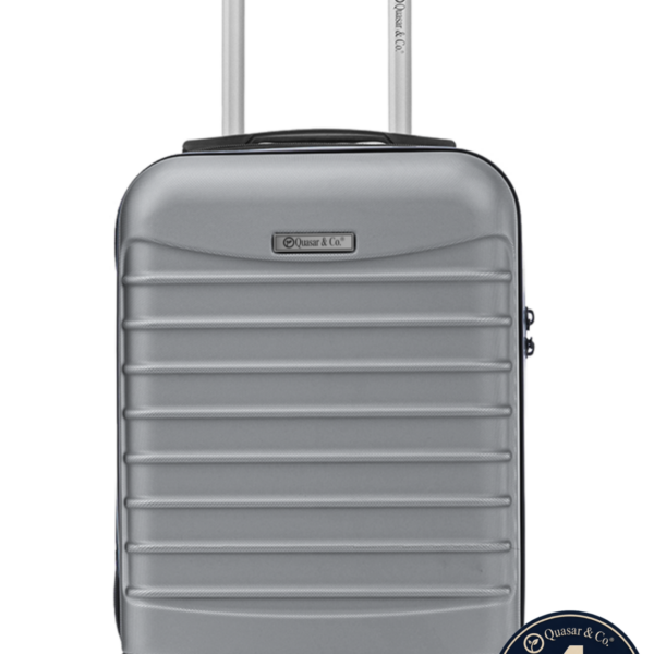 Troler cabina avion Quasar & Co.®, 40x30x20cm, bagaj de mana, troller cu fermoar sigur, cifru, maner telescopic lung, geamantan cu 4 roti duble, detasabile, 360°, valiza ABS 2.8 mm, rezistent, 2 compartimente cu buzunar, 10kg, LINE, argintiu