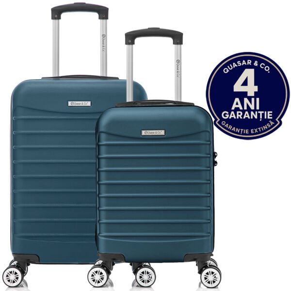 Set 2 trolere cabina, Quasar & Co.®, 40x30x20 cm cu roti detasabile si 55x36x20 cm, bagaj de mana, troller cu fermoar antifurt, cifru, maner telescopic lung, geamantan 4 roti duble 360°, valiza ABS 2.8 mm rezistent, 10kg, LINE, Albastru petrol Trolere cabina 2026-04-18 2