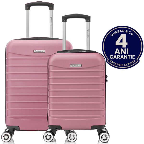 Set 2 trolere cabina, Quasar & Co.®, 40x30x20 cm cu roti detasabile si 55x36x20 cm, bagaj de mana, troller cu fermoar antifurt, cifru, maner telescopic lung, geamantan 4 roti duble 360°, valiza ABS 2.8 mm rezistent, 10kg, LINE, Roz pudrat Trolere cabina 2026-04-18 2