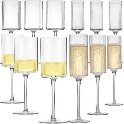 Set 12 pahare vin si sampanie, Quasar & Co.®, model striat, 6x350ml/6x180ml, sticla, transparent 6