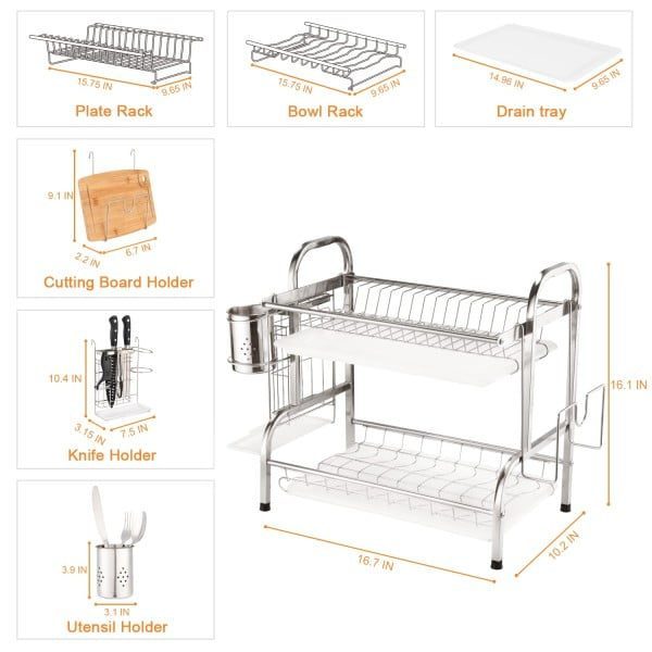 Raft scurgator de vase, Quasar & Co.®, etajat, cu suport cutite, tacamuri, tocator, tava scurgere, 42.6 x 25.5 x 39 cm, otel inoxidabil, argintiu - imagine 5