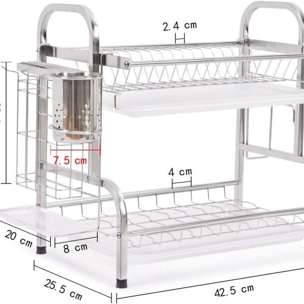 Raft scurgator de vase, Quasar & Co.®, etajat, cu suport cutite, tacamuri, tocator, tava scurgere, 42.6 x 25.5 x 39 cm, otel inoxidabil, argintiu - imagine 9