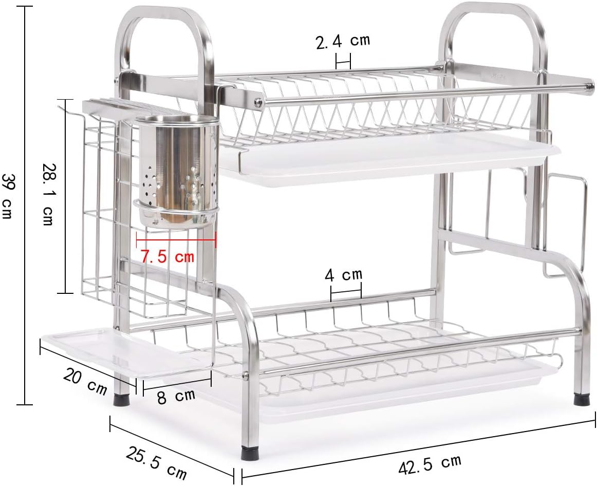 Raft scurgator de vase, Quasar & Co.®, etajat, cu suport cutite, tacamuri, tocator, tava scurgere, 42.6 x 25.5 x 39 cm, otel inoxidabil, argintiu 9