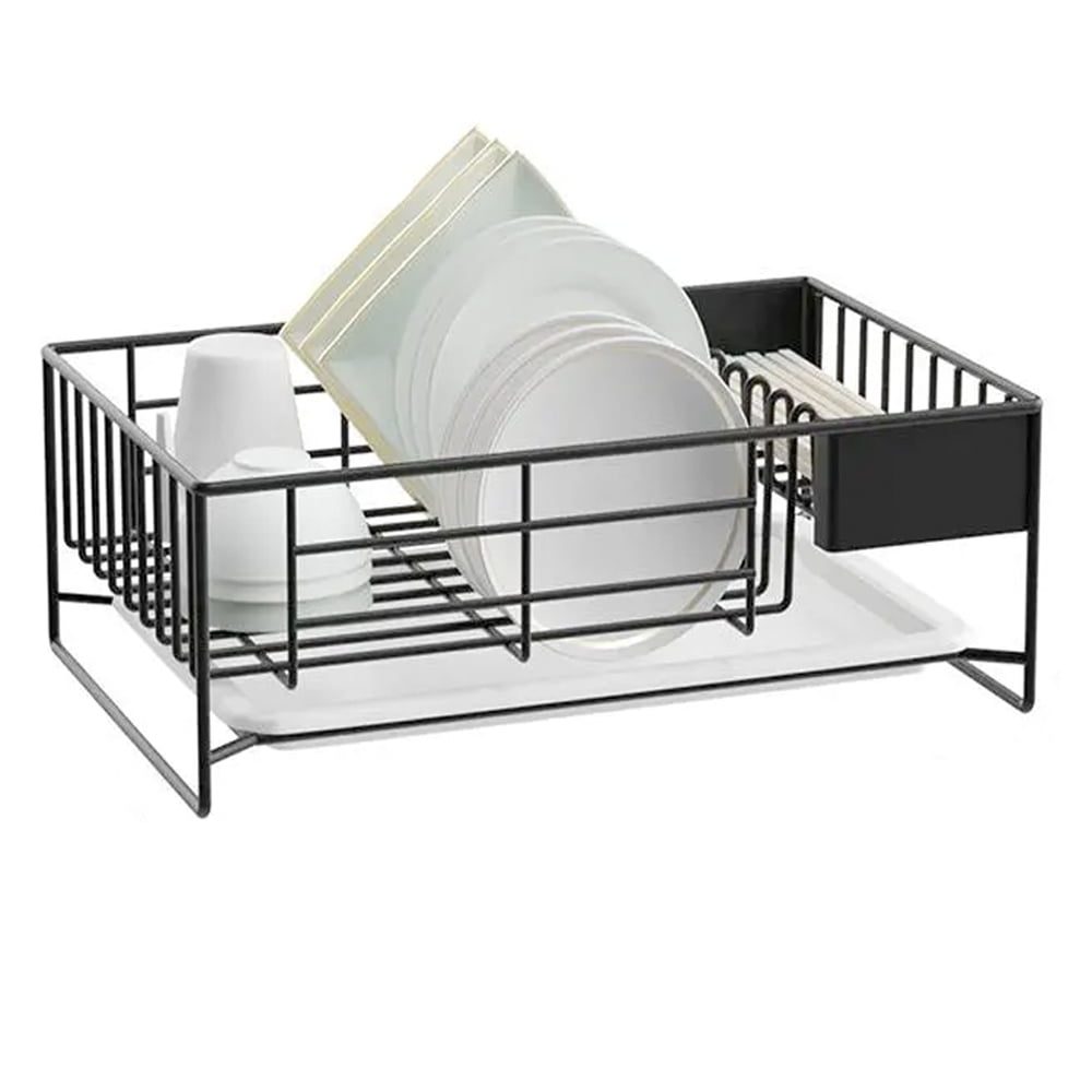Scurgator de vase, Quasar & Co.®, cu suport tacamuri, tava scurgere, otel inoxidabil, 40.5 x 26.2 x 13 cm, negru