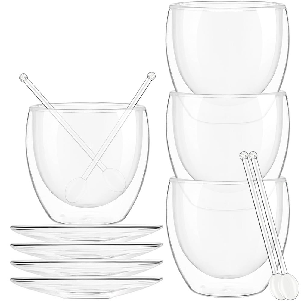 Set 4 pahare cu pereti dubli cu 4 farfurioare si 4 lingurite, Quasar & Co.®, termorezistente,  255 ml, sticla, transparent 2