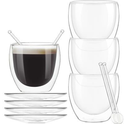 Set 4 pahare cu pereti dubli cu 4 farfurioare si 4 lingurite, Quasar & Co.®, termorezistente,  255 ml, sticla, transparent 10