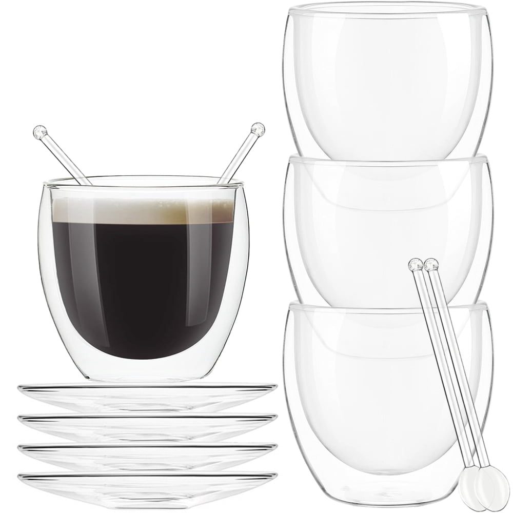 Set 4 pahare cu pereti dubli cu 4 farfurioare si 4 lingurite, Quasar & Co.®, termorezistente,  255 ml, sticla, transparent