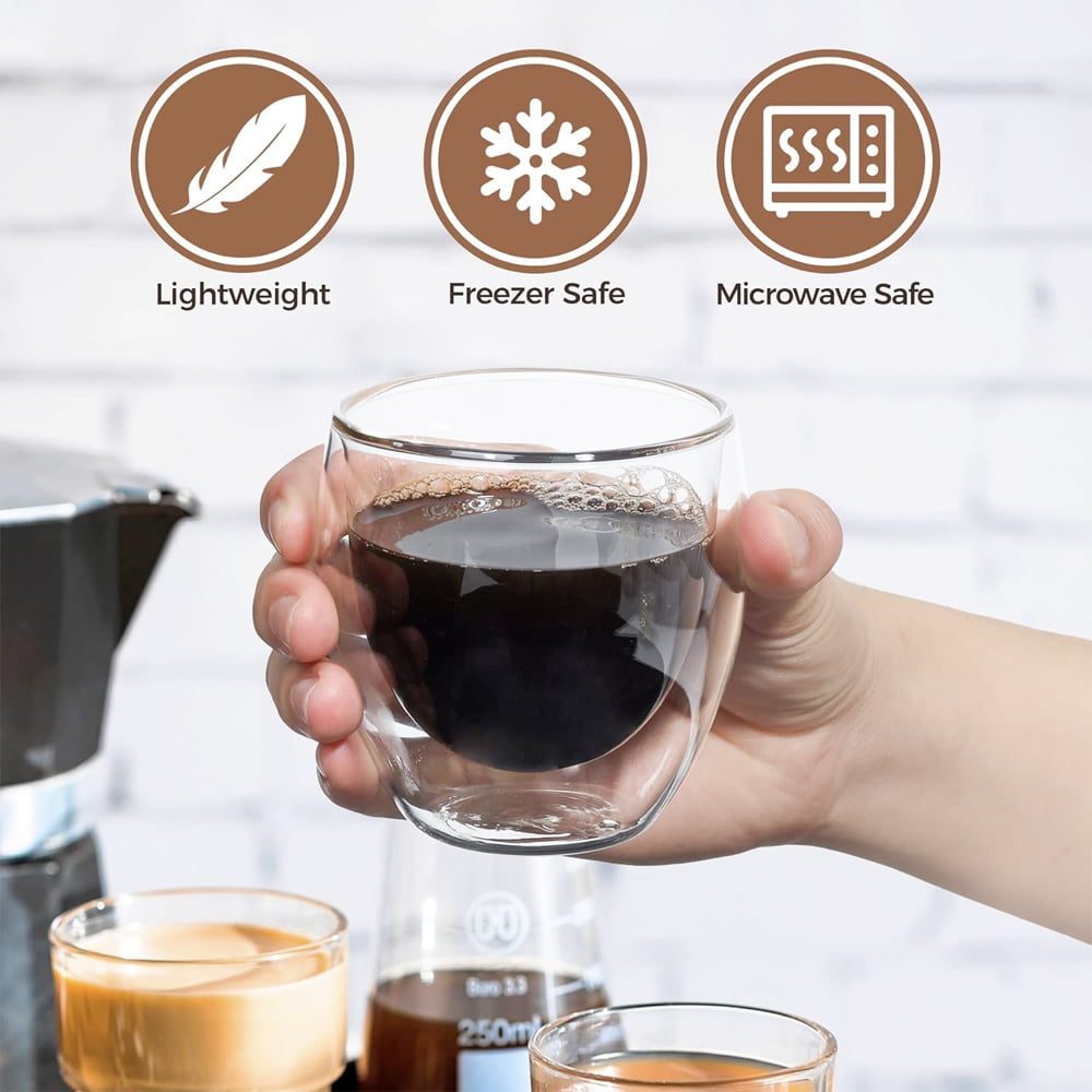 Set 4 pahare cu pereti dubli cu 4 farfurioare si 4 lingurite, Quasar & Co.®, termorezistente,  255 ml, sticla, transparent 5