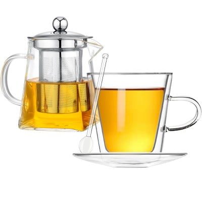 Set ceainic cu ceasca, Quasar & Co.®, cu infuzor, capac, cana pereti dubli, 1 farfurioara, 1 lingurita, 350 ml/250 ml, sticla, transparent 9