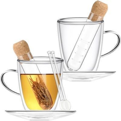 Set ceai, Quasar & Co.®, cu 2 cani cu pereti dubli, 2 farfurioare, 2 lingurite, 2 infuzoare, 2×350 ml, sticla, transparent 6