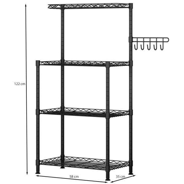 Raft, Quasar & Co.®, suport bucatarie, rafturi cu 5 carlige, etajera cu 3 spatii depozitare, pretabil cuptor cu microunde, 58 x 35 x 122 cm, metal, negru - imagine 3