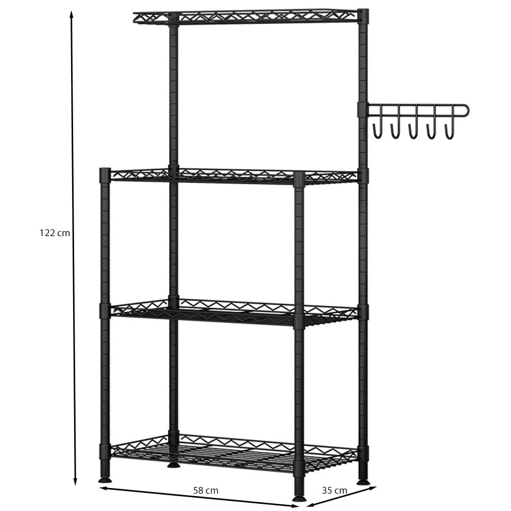 Raft, Quasar & Co.®, suport bucatarie, rafturi cu 5 carlige, etajera cu 3 spatii depozitare, pretabil cuptor cu microunde, 58 x 35 x 122 cm, metal, negru 3 Raft, Quasar & Co.®, suport bucatarie, rafturi cu 5 carlige, etajera cu 3 spatii depozitare, pretabil cuptor cu microunde, 58 x 35 x 122 cm, metal, negru 3