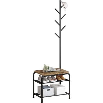 Cuier Quasar & Co.®, cu bancuta si raft incaltaminte, mobila hol, 54x35x170,5 cm, lemn/metal, negru 8